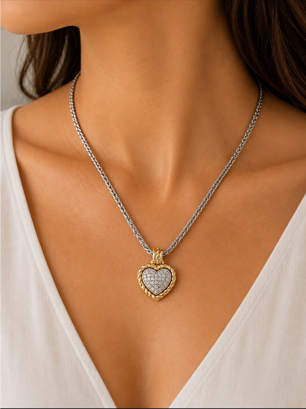 Gold and Silver Heart Pendant on Substantial Foxtail Chain NEW